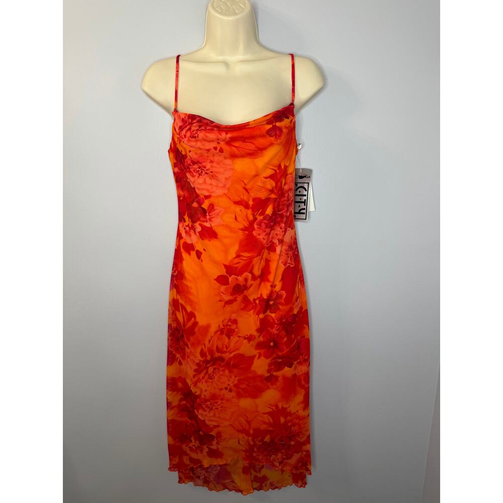 Vintege Y2K City Triangles Slip Midi Dress Orange Floral Spaghetti Straps Sz M